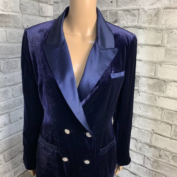 Vintage 90s Tuxedo 2 Pc Suit Set Navy Velvet Blazer Jacket Satin High Rise Pants - Picture 2 of 16